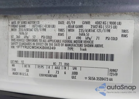 2019 Ford Transit-250 z USA, uszkodzony, nr VIN 1FTYR2CM3KKB08249